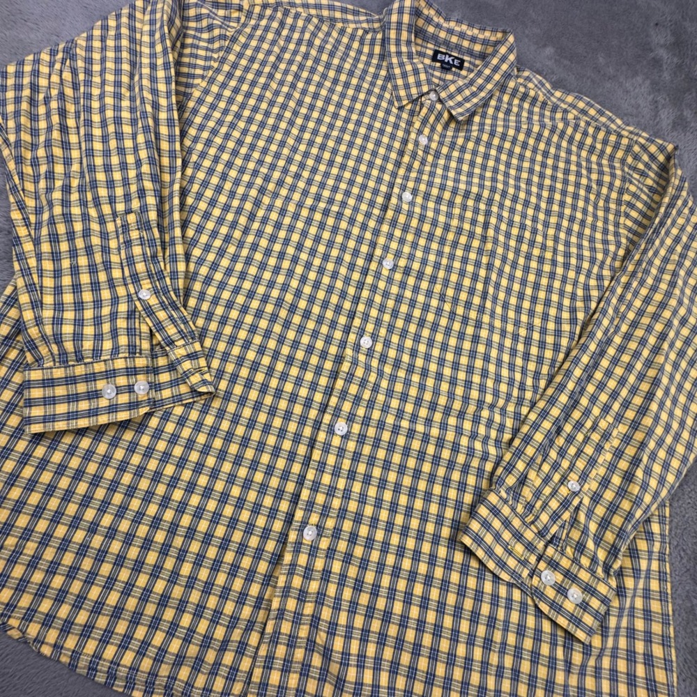 BKE Plaid Button Down Shirt Mens XXL Yellow Navy Blue Excellent 100% Cotton 3989